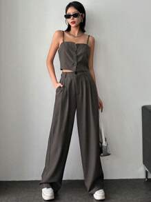 DAZY Button Front Tank Top And High Waist Wide Leg Casual Suit Pants Set