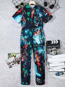 SHEIN 1pc Tween Boys' Graffiti Print Collar & Front Button Jumpsuit Spring/Summer - Multicolor - View 8