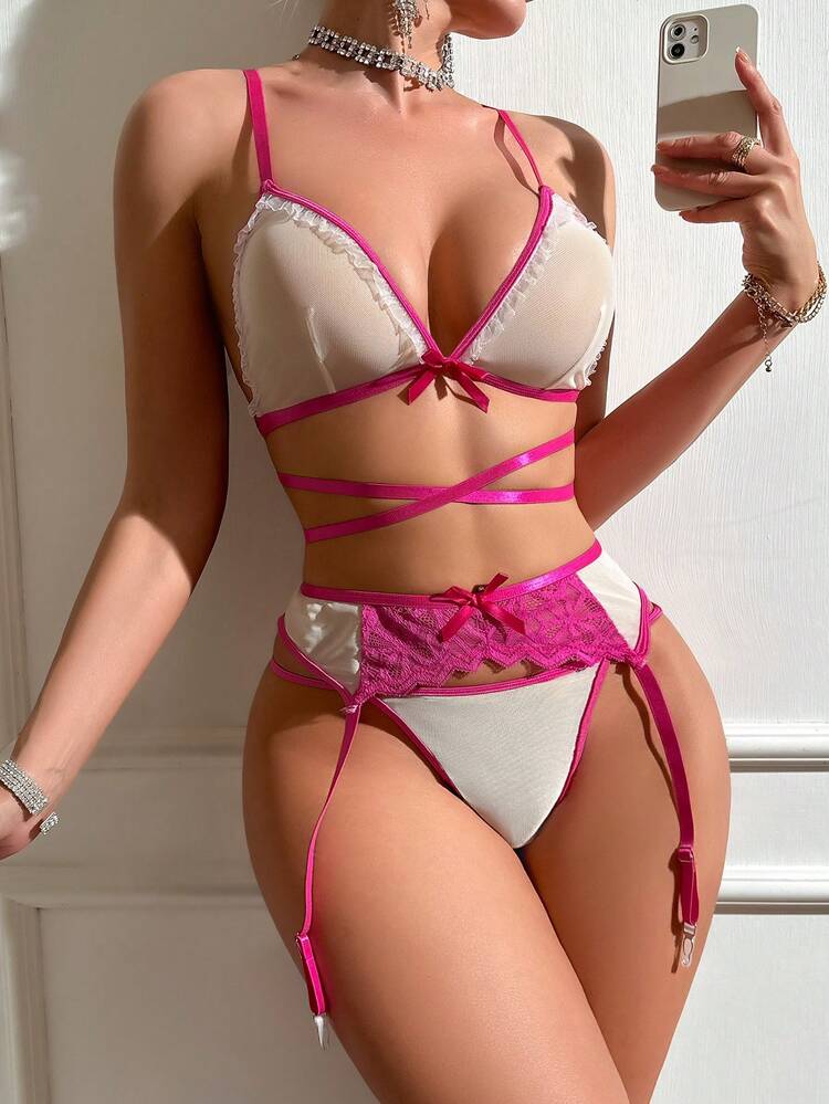 3pcs/Set Women's Lace Splicing Wireless Sexy Lingerie Set