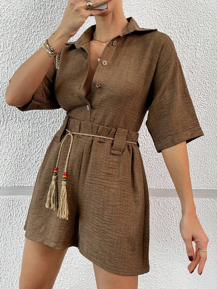 EURMUSE Frauen Zweiteilig Kurze Hose Mit Gürtel Und Hemd Set - Kamelfarben - Übersicht 1