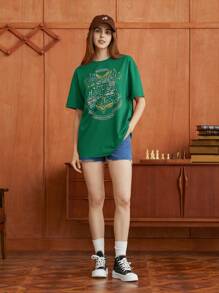 HARRY POTTER X SHEIN 卡通印花垂肩t恤 - 墨綠色 - 查看 4