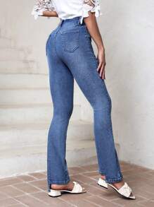 SHEIN LUNE Asymmetrical Hem Washed Denim Pants - Blue - View 2