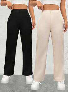 SHEIN PETITE Conjunto de dos piezas de pantalones de pierna recta de unicolor, para mujeres de talla pequeña - Multicolor - Ver 4