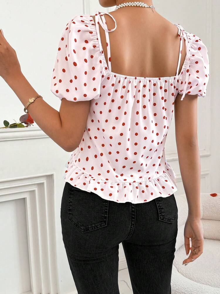Women's Valentine's Day Polka Dot Mesh Sheer Puff Sleeve Top With 3d Flowers