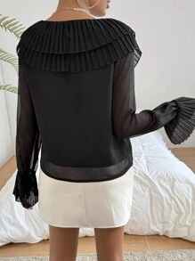 SHEIN Privé Women'S Black Shirt With V-Neckline, False Placket, Pleats, Diamond Button & Bell Sleeves - Black - View 2