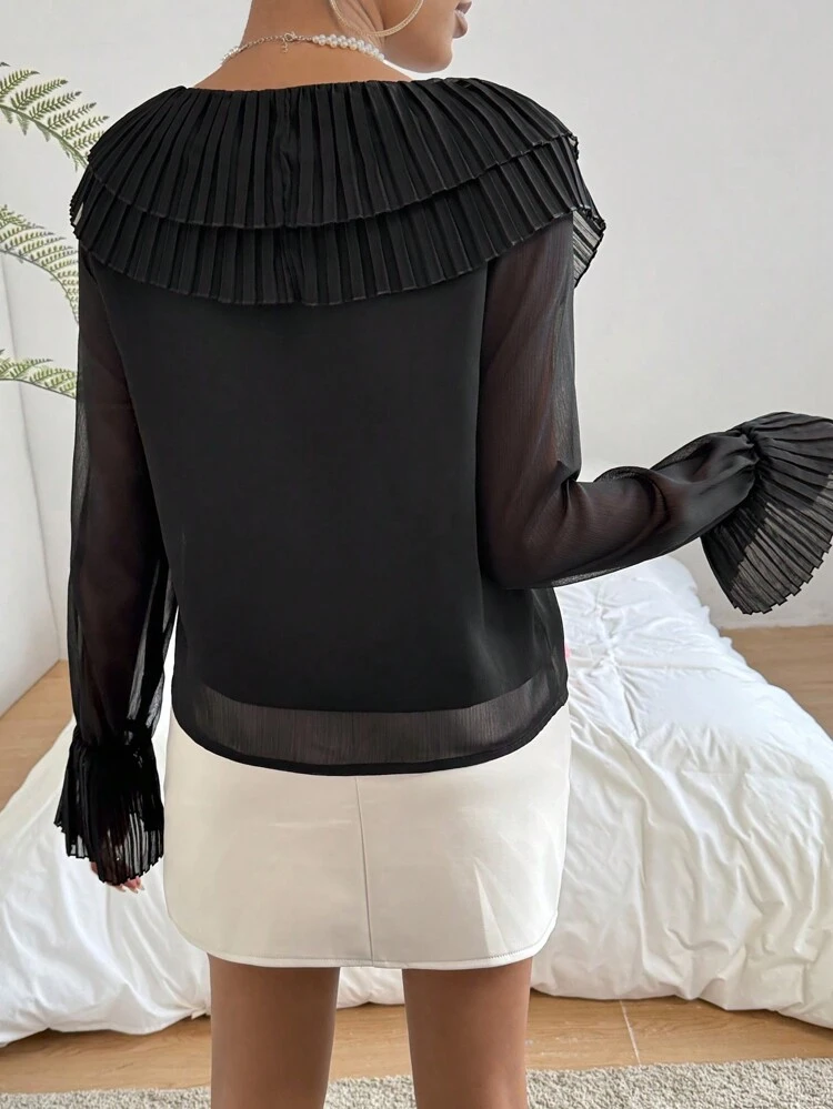 Women'S Black Shirt With V-Neckline, False Placket, Pleats, Diamond Button & Bell Sleeves