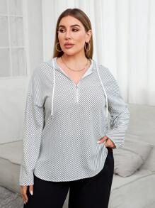 SHEIN Essnce Plus Size Striped Drawstring Hoodie Shirt