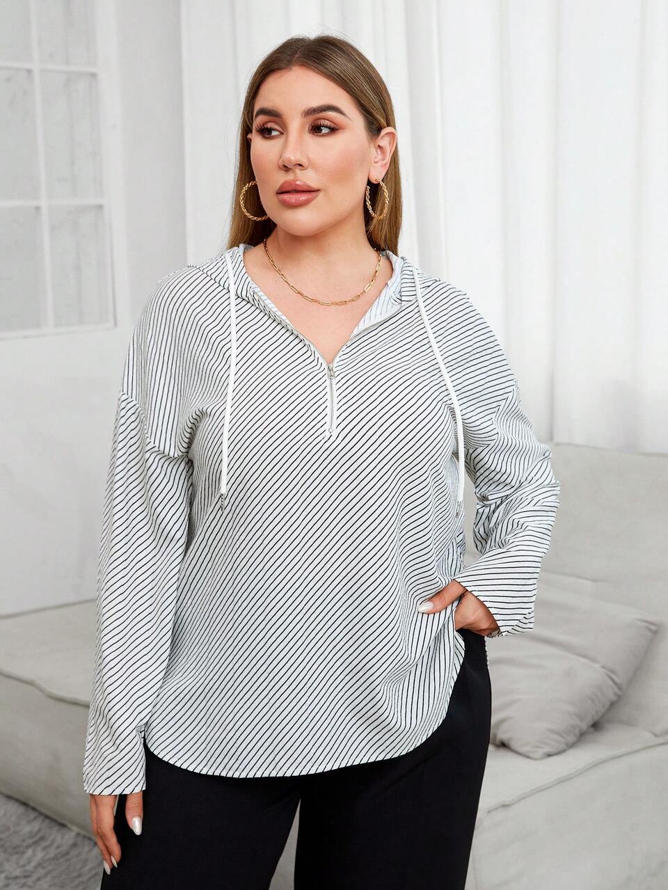 Plus Size Striped Drawstring Hoodie Shirt