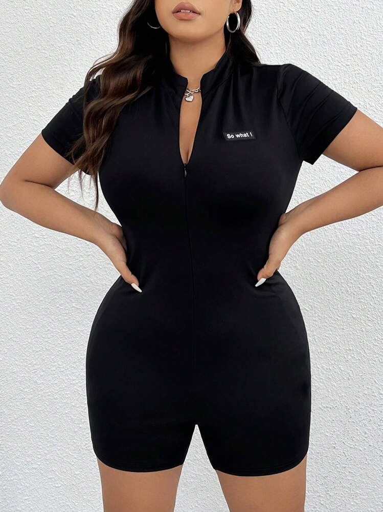 SHEIN EZwear 黑色針織緊身短袖拉鍊半扣大碼女士背帶褲 - 黑色 - 查看 5