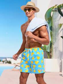 Manfinity Swimmode Men's Graphic Drawstring Beach Shorts With Little Yellow Duck Pattern, Pool Shorts, For Beach, Vacation,Hawaiian