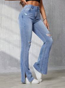 SHEIN Tall High-Waist Flared Jeans With Distressed Details - Light Wash - View 4