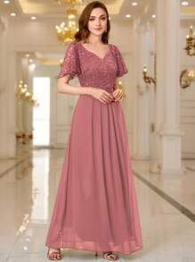 MIUSOL Contrast Sequin Lace Sweetheart Neck Flounce Sleeve Evening Party Long Dress Elegant Formal Prom Wedding Guest Gown, For Graduation, Dinner