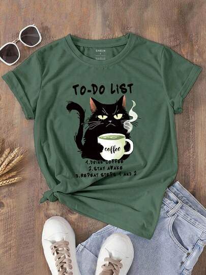 INAWLY Women's Short Sleeve T-Shirt With Cartoon Cat Pattern TO DO LIST 1 DRINK COFFEE 2 STAY AWAKE 3 REPEAT STEPS 1 AND 2 Graphic Tees Women Tops