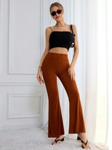 SHEIN Essnce Women's Casual Terracotta Color Fold Over Waist Flared Flared Low Rise Pants For Spring - Brown - View 5