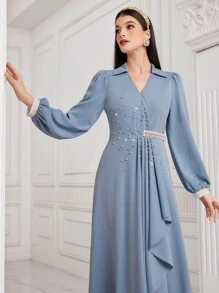 Modelyn 女士串珠细节灯笼袖连衣裙，优雅晚会礼服长款晚礼服 - 藍色 - 查看 4