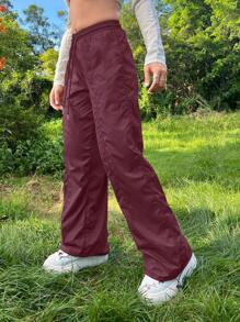 EURMUSE Solid Drawstring Waist Pants - Chocolate Brown - View 4