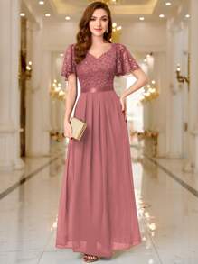 MIUSOL Contrast Sequin Lace Sweetheart Neck Flounce Sleeve Evening Party Long Dress Elegant Formal Prom Wedding Guest Gown, For Graduation, Dinner