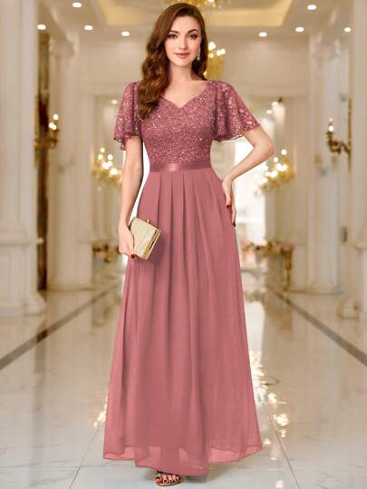 MIUSOL 撞色亮片蕾丝甜心领荷叶边袖晚会长裙优雅正式舞会婚礼宾客礼服，适合毕业典礼、晚宴