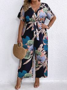 SHEIN Clasi Women's Plus Size Tropical Print V-Neck Jumpsuit