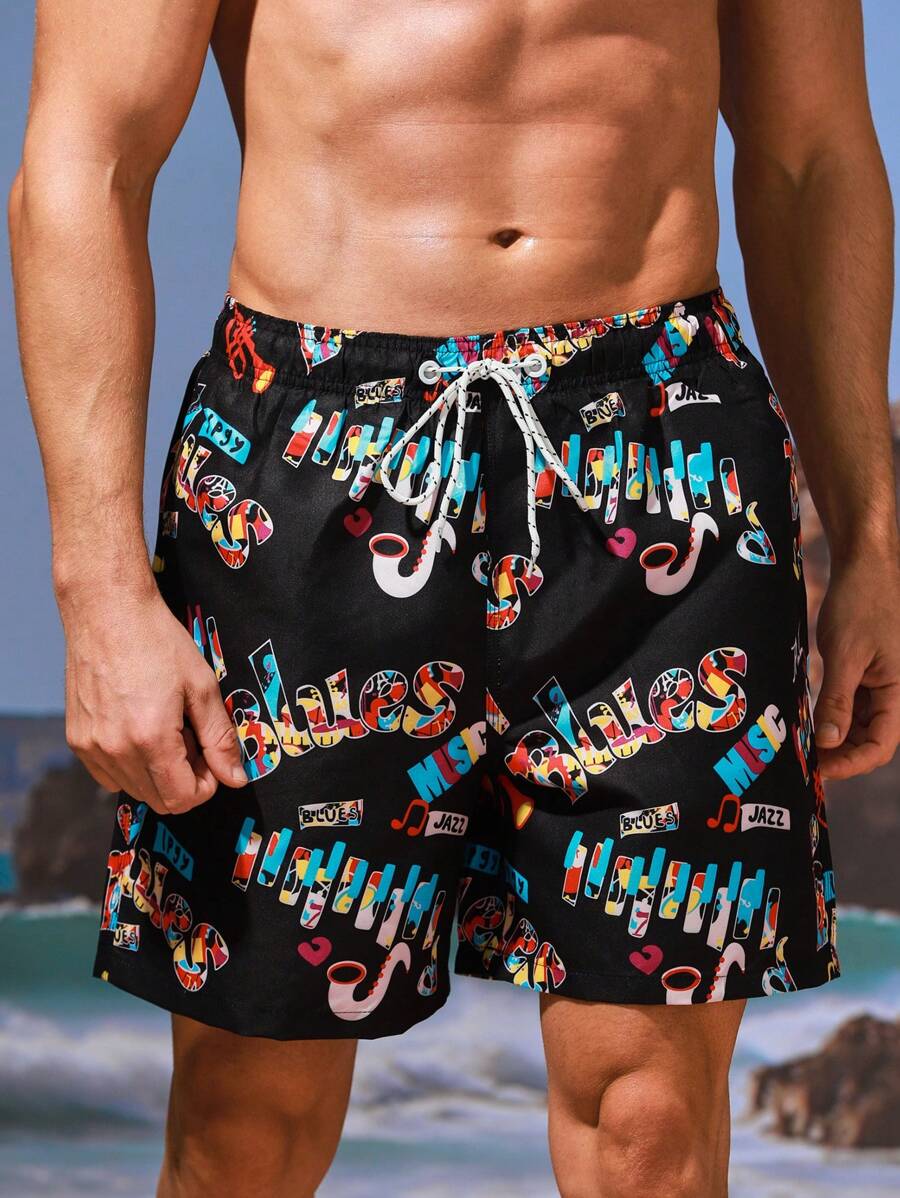 Surfspeed Men's Letter Printed Drawstring Waist Beach Shorts - Multicolor - View 1