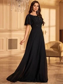 亮片串珠雪纺礼服黑色优雅舞会晚会婚礼宾客礼服，适合毕业典礼、晚宴 - 黑色 - 查看 5