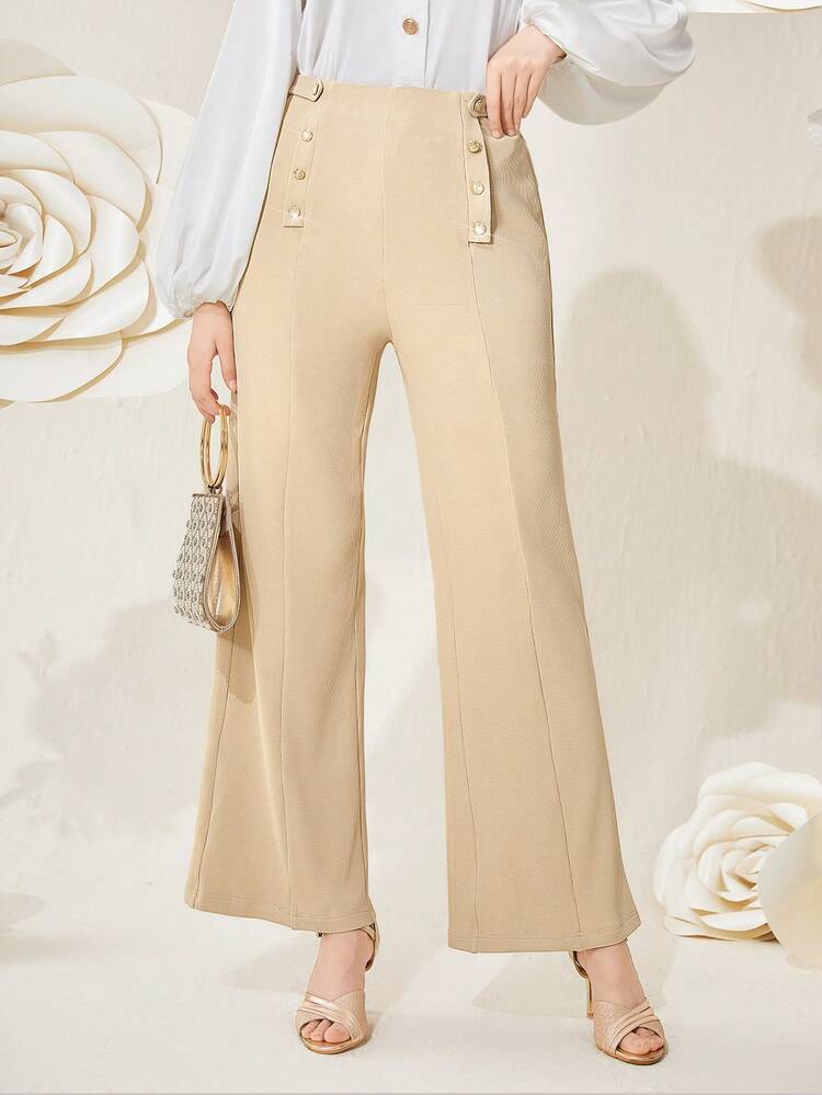 Women's Solid Color Wide Leg Pants With Button Details