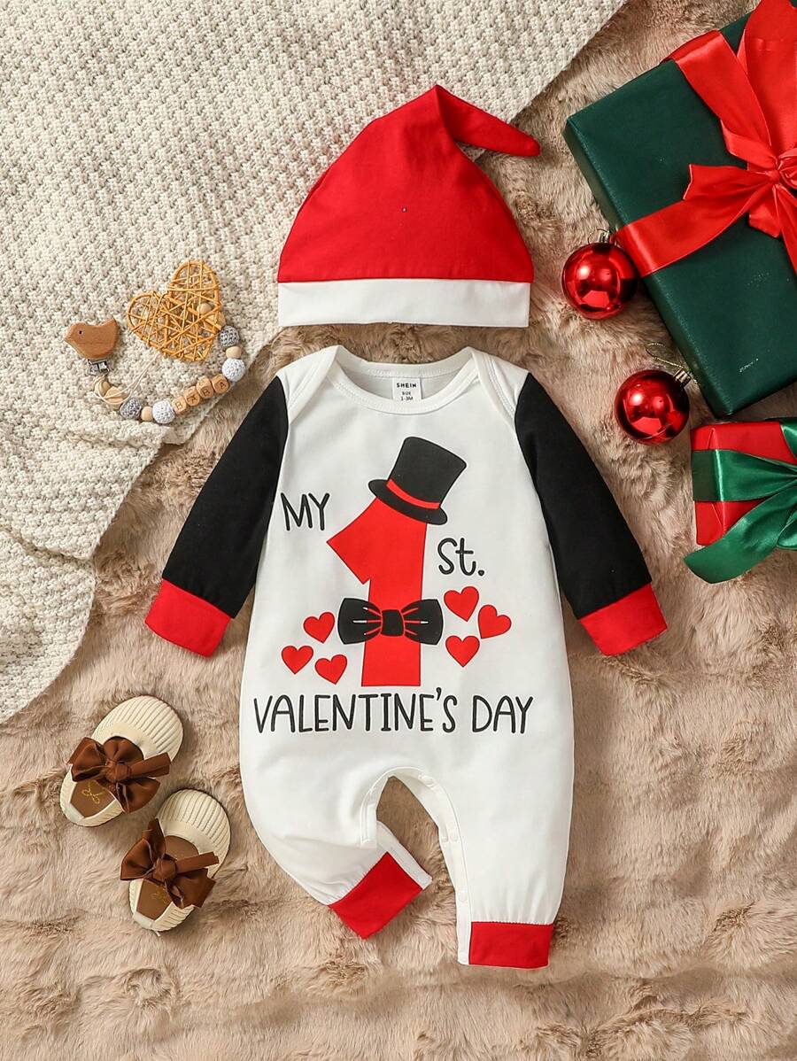 2024 New Year Baby Girl Jumpsuit Age 1 New Year Printed Round Neck Contrast Color Block Sleeve Long Leg Jumpsuit Simple Casual Fashionable Cool Autumn/Winter - Multicolor - View 1