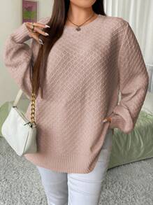 Flirla Sudadera De Punto Con Mangas Abullonadas De Patrón De Diamante Estilo Francés Para Mujeres De Talla Grande