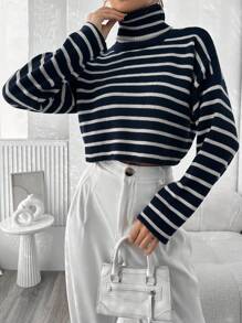 EURMUSE Women's Turtleneck Striped Cropped Sweater - Navy Blue - View 5