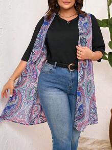 EMERY ROSE Conjunto De Camiseta De Color Sólido De Talla Grande Para Mujer Y Chaleco Impreso, 2 Piezas/set