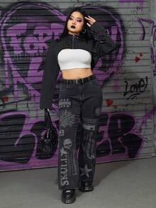 Grunge Punk Women's Plus Size Super Cropped Striped Jacket With Metal Button - Black - View 3