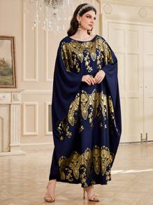 Al Najma 女士金箔印花花卉图案长袍，优雅晚会礼服 - 寶藍色 - 查看 7