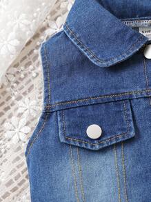 2pcs/Set Spring Summer Baby Girls' Festival Print Dress And Washed Denim Vest Fashionable Baby Girl Outfit - White - View 3