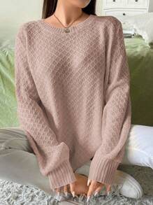 Flirla Sudadera De Punto Con Mangas Abullonadas De Patrón De Diamante Estilo Francés Para Mujeres De Talla Grande