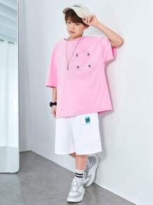 SHEIN 2pcs/Set Tween Boys' Casual Loose Fit Knit Short Sleeve Tee With Pockets & Mesh Shorts With Embroidered Patch - Multicolor - View 7
