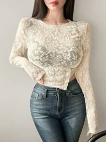 DAZY Top corto ajustado de unicolor con mangas largas y cordón para mujeres, blusas de verano transparentes, ropa de vuelta al colegio - Beis - Ver 6