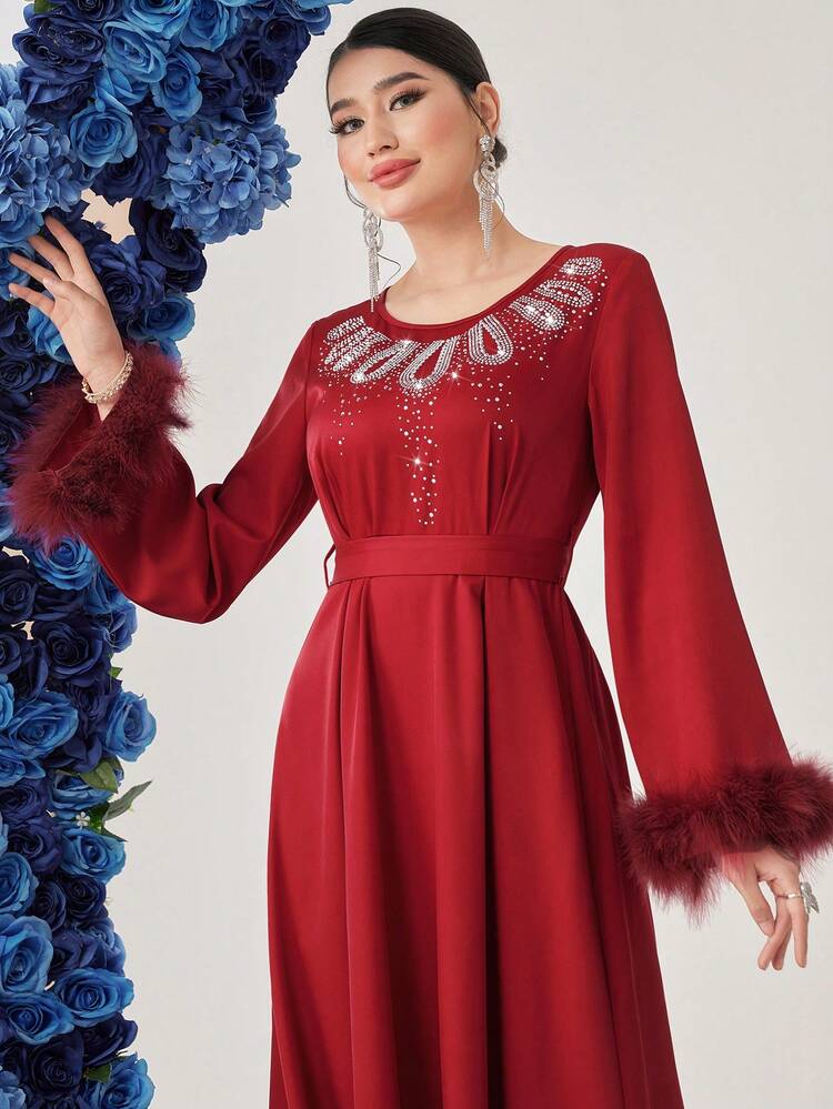 Women's Rhinestone Inlaid Plush Sleeve Cuffs Patchwork Dress, Elegant Evening Party Dress Long Evening Dresses