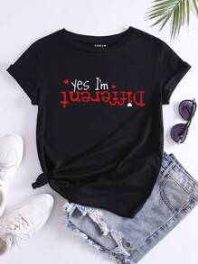 INAWLY Heart Print Short Sleeve T-Shirt With Slogan Yes I'm Different Graphic Tees Women Tops - Black - View 1