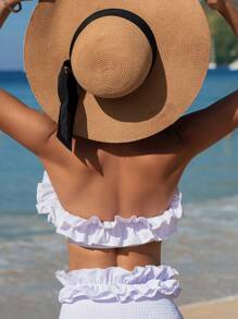 SHEIN Swim Solid Color Ruffle Trim Bandeau Bikini Top With Lace-Up Back Wedding Summer - White - View 2