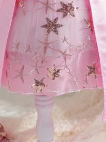 Vestido Rosado De Jacquard Para Niña Con Estrellas, Cuello De Lazo, Estilo De Princesa, Ideal Para Fiesta De Cumpleaños/fiesta/boda/festival/actuaciones