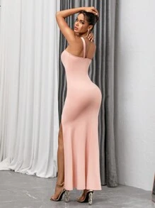 Zolique One Shoulder Pleated High Slit Dress - Pink - View 2