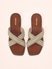 Styleloop Women'S Stylish Metal Braided Rivet Cross Vacation Spring And Summer Flat Sandals Comfortable Flat Slippers