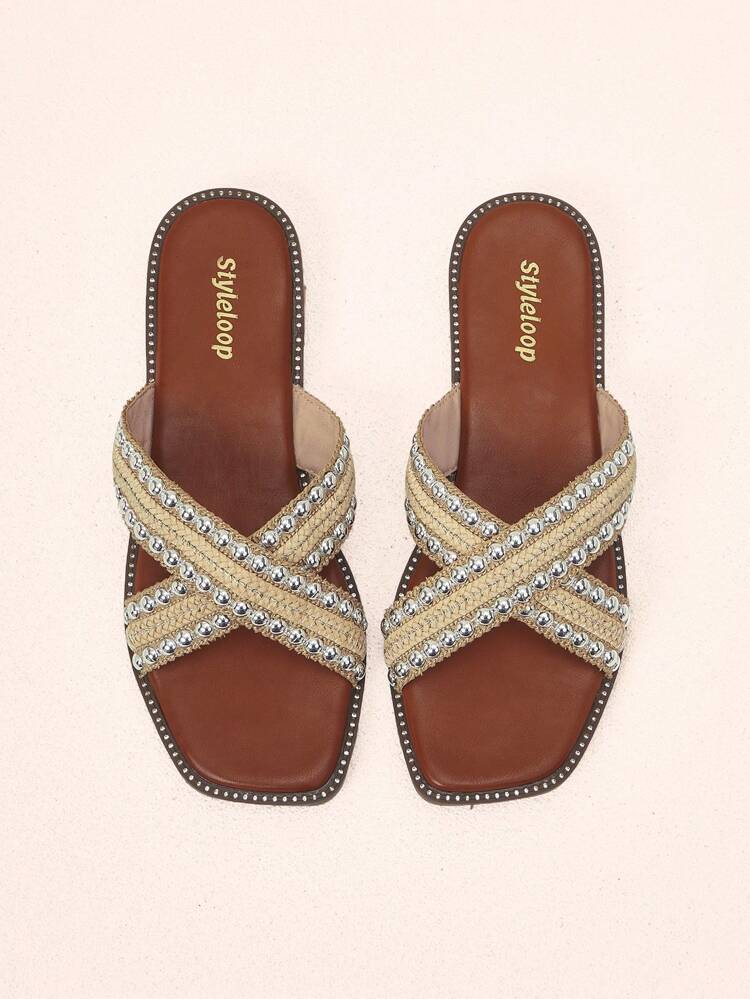 Women'S Stylish Metal Braided Rivet Cross Vacation Spring And Summer Flat Sandals Comfortable Flat Slippers