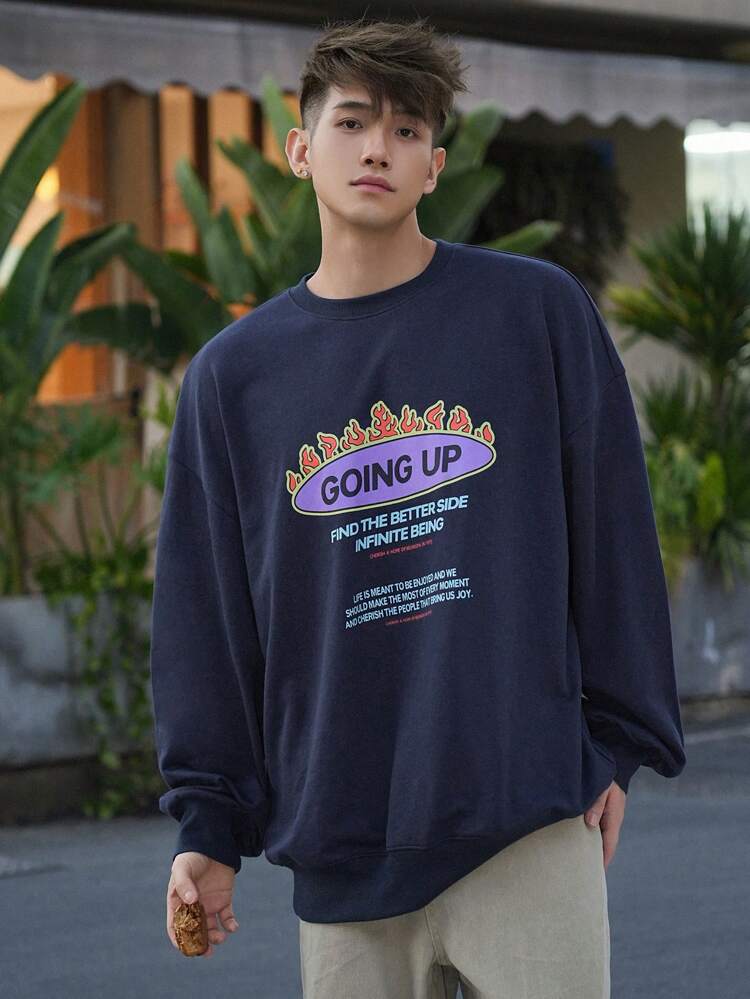 Men's Letter Print Crewneck Sweatshirt For Autumn/Winter