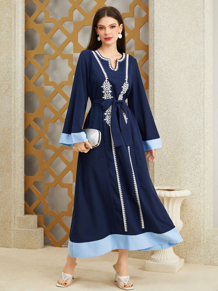 Ramadan Women's Notched Collar Contrast Color Embroidery Dress Kaftan Jalabiya Dress