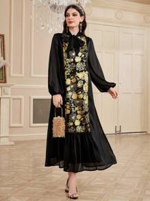 Al Najma 女士拼接花卉印花連衣裙,蝴蝶結領口和燈籠袖 - 彩色 - 查看 3
