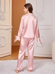 青少年女孩简约纯色长袖 T 恤和裤子睡衣套装，袖口和下摆带褶边 - 淺粉色 - 查看 2