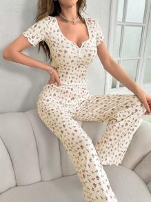 女士花卉印花蕾絲拼接睡衣套裝 - 杏色 - 查看 5