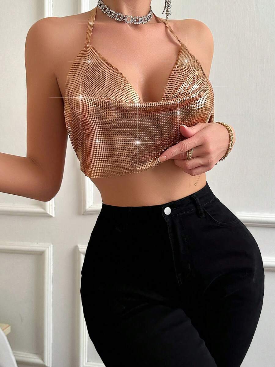 Allurite Top De Camiseta Halter De Cuello Drapeado Con Brillo Y Espalda Abierta - Café integral - Ver 1