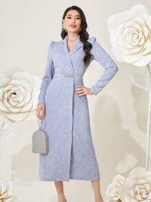 Modelyn Vestido de noche largo con manga abullonada de mujer en tejido jacquard - Azul - Ver 5